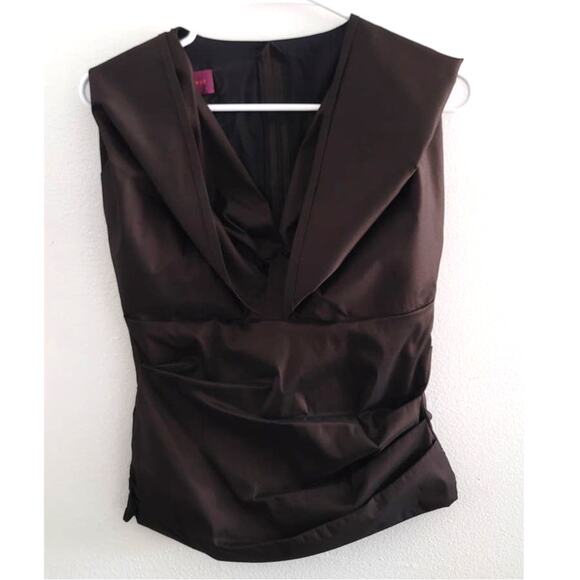 Talbot Runhof Silk Blend Pleated V-Neck Sleeveless Top Brown 8 - Picture 10 of 10